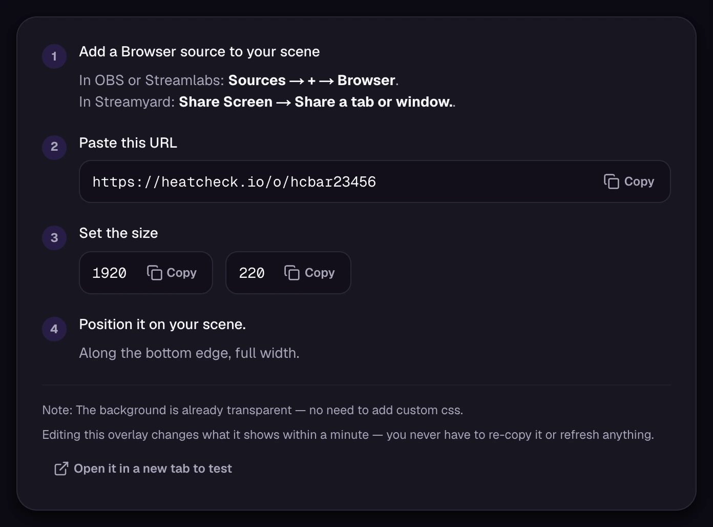 The overlay setup card. Numbered steps add a Browser source, give the overlay URL with a Copy button, and set the size with 1920 and 220 in their own copyable fields.