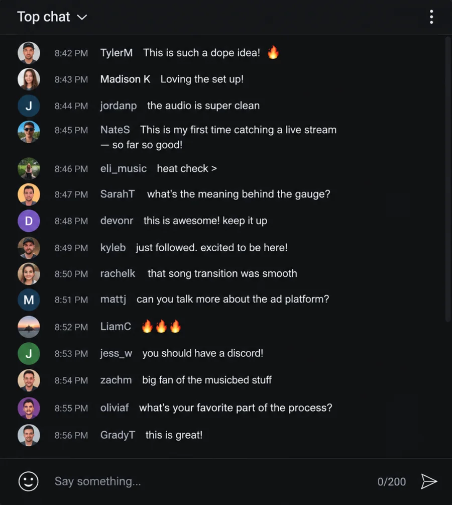 A YouTube live chat column running beside the interest gauge